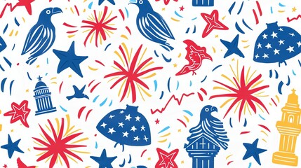 Hand-drawn seamless pattern featuring fireworks, eagles, and Liberty Bells, perfect for a celebratory and patriotic Fourth of July look