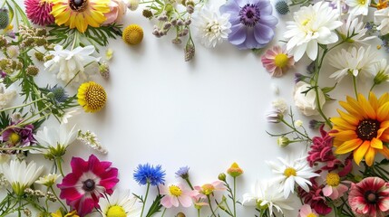 beautiful colored flowers arranged around a central white space on a white background