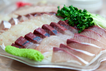 View of the yellowtail sashimi on the plate