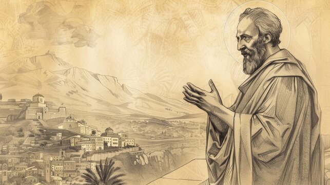 St. Barnabas in Ancient Cyprus, Preaching, Biblical Illustration, Beige Background, Copyspace