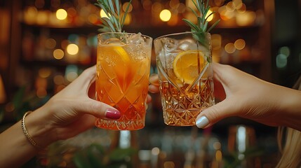 A close-up of two female executives toasting with colorful, artisanal cocktails in a stylish business lounge.