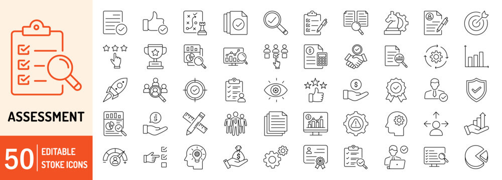 Assessment editable stroke outline web icons set. Audit, analysis, plan, evaluation, quality process, result and goal. Vector illustration