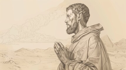 Fototapeta premium St. Anthony of Egypt in Desert, 4th-Century Egyptian Landscape, Biblical Illustration, Beige Background, Copyspace