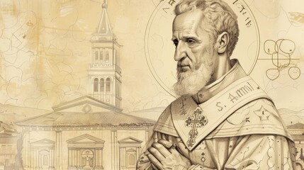 Fototapeta premium St. Ambrose of Milan in Bishop's Robes, Italian Church, Biblical Illustration, Beige Background, Copyspace