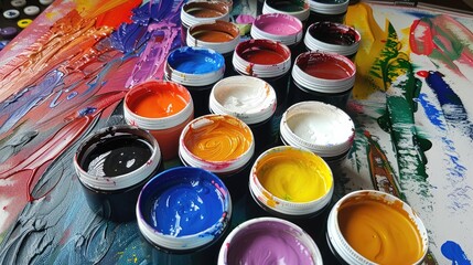 Acrylic paint in containers and decorative strands for creating on a blank canvas