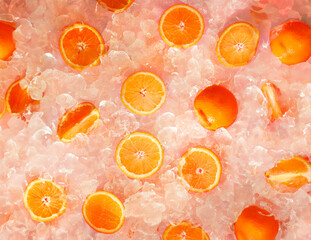 Fresh full and sliced Orange placed with crushed ice cubes, Ice orange drink, orange background,...