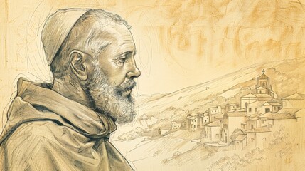 Fototapeta premium St. Ambrosio in Reflection, 16th-Century Spanish Village, Biblical Illustration, Beige Background, Copyspace