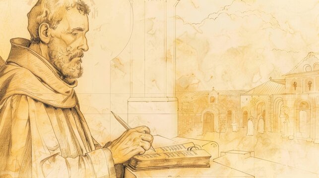 St. Bede the Venerable Writing in 8th-Century English Monastery, Biblical Illustration, Beige Background, Copyspace