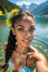 Exotische weibliche Sch&ouml;nheit an alpinem Bergsee