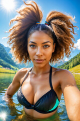 Exotische Frau an alpinem Bergsee