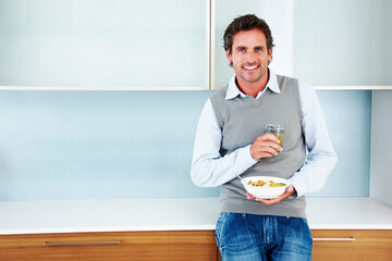 Businessman, portrait and morning breakfast in home for nutrition meal with juice, fruit or...