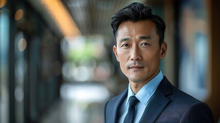 Asian professional portrait, the businessman's calm and composed demeanor reflected in his serene expression
