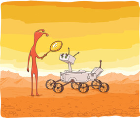 Cartoon alien inspects Mars rover with a magnifying glass.