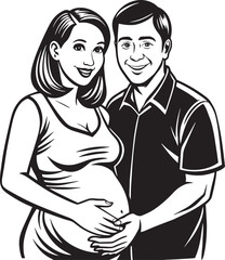 silhouette of a pregnant  woman with her husband illustration black and white