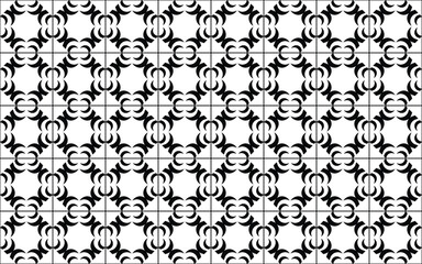 Geometric seamless pattern with black and white flowers, Tile pattern. Ceramic tiles. Vintage tiled. Seamless texture. Black and white modern background. Floor ornament.
