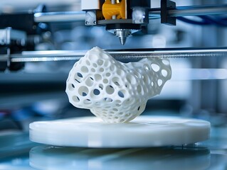 Illustration of Adoption of additive manufacturing (3D printing) and other advanced techniques to improve production processes. Ai Generate.