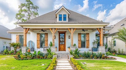 A charming white cottage with a large front porch, surrounded by lush greenery and a stone walkway.
