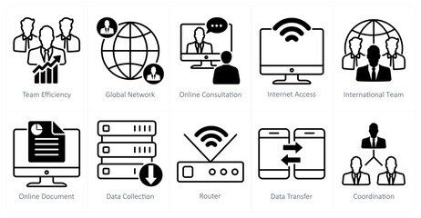 A set of 10 business and office icons as team efficiency, global network, online consultation
