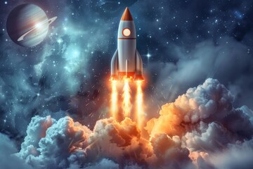 An artistic illustration of a business startup represented by a rocket, highlighting the theme of growth and success, with detailed and energetic visuals