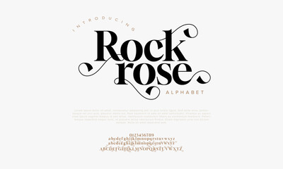 Rockrose premium luxury elegant alphabet letters and numbers. Vintage wedding typography classic serif font decorative vintage retro. creative vector illustration