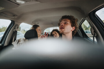 Three young people sitting inside a car, engaged in conversation, during a road trip adventure.