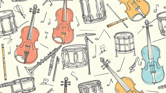 Seamless pattern of pastel-colored hand-drawn musical instruments like violins, drums, and flutes, showcasing a playful and artistic music theme