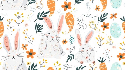 Seamless pattern of hand-drawn Easter bunnies holding pastel-colored eggs and flowers, creating a cheerful and festive design