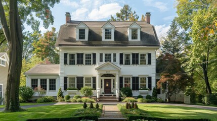 A large white two-story house with a porch and a manicured lawn, a traditional design with dormer windows and black shutters