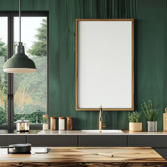 Oversized vertical wooden frame mockups on an emerald green wall, sleek wood finish.