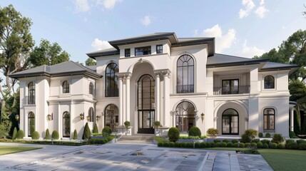 Fototapeta premium A luxurious white mansion with a grand entrance and arched windows, surrounded by lush green trees