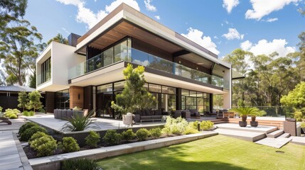 Fototapeta premium Modern luxurious home with expansive windows and a spacious patio