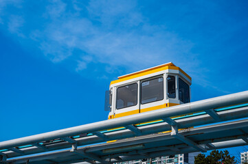Cute sky capsule Haeundae Blue Line train most popular seaside railway for tourist in Busan, South Korea