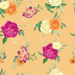 beautiful floral pattern with yellow  pink  and pink roses.