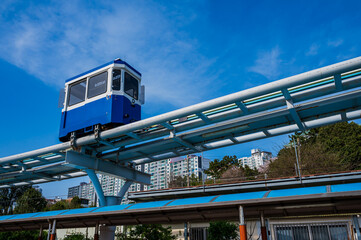 Cute sky capsule Haeundae Blue Line train most popular seaside railway for tourist in Busan, South...