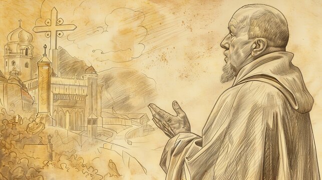 St. Bernard of Clairvaux Preaching with Clairvaux Abbey and Cistercian Cross, Biblical Illustration, Beige Background, Copyspace