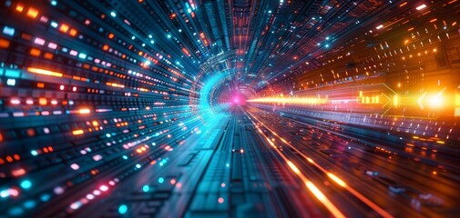 Fototapeta premium Futuristic digital tunnel with bright, colorful light streaks and data streams, representing high-speed technology and innovation.
