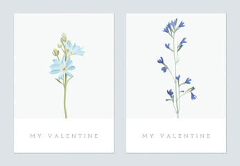 Valentine day greeting card, minimalist blue wildflowers © momosama