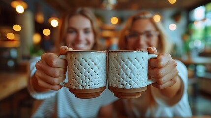 A close-up shot of young entrepreneurs celebrating a milestone with a toast of coffee mugs in a modern, open-plan workspace.