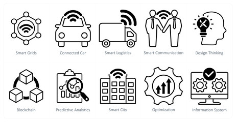 A Set of 10 Industrial icons as smart grids, connected car, smart logistics