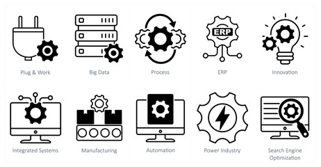 A Set of 10 Industrial icons as plug and work, big data, process