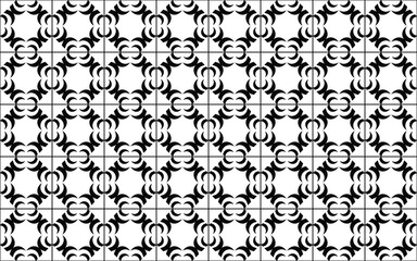 Geometric seamless pattern with black and white flowers, Tile pattern. Ceramic tiles. Vintage tiled. Seamless texture. Black and white modern background. Floor ornament. jpg