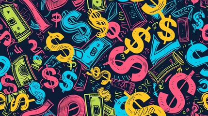 Seamless pattern of hand-drawn stock market tickers and dollar signs, showcasing a vibrant and monetary theme