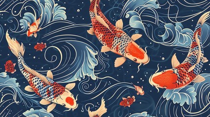 Hand-drawn seamless pattern featuring Japanese koi fish and water waves, perfect for a serene and artistic look