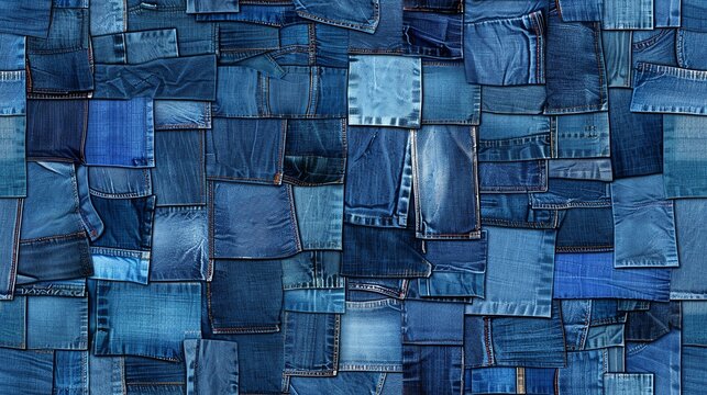 Seamless pattern of various denim wash textures in shades of blue, creating a classic and stylish design