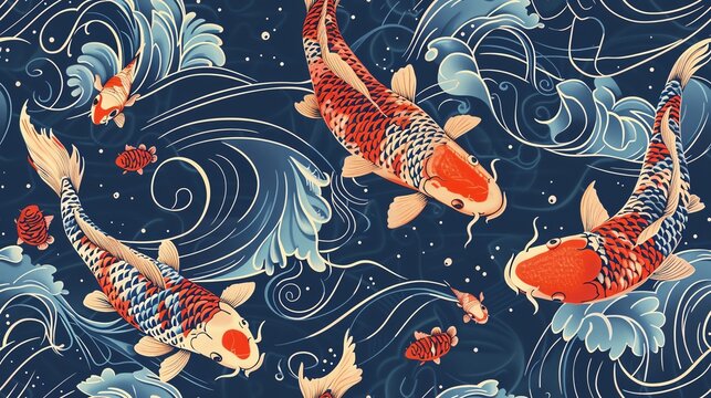 Hand-drawn seamless pattern featuring Japanese koi fish and water waves, perfect for a serene and artistic look