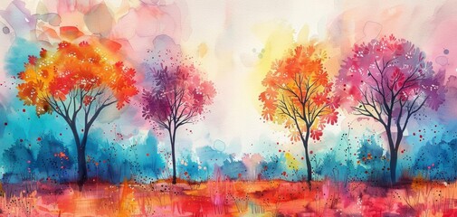 Watercolor spring bloom background, abstract tree silhouettes, stark contrast, vibrant artistic expression
