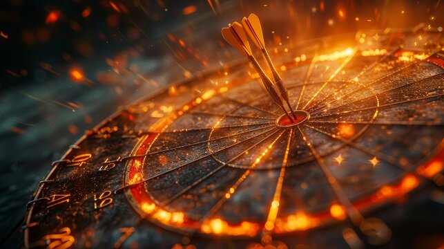 Close-up of a dart hitting market peak on graph, metaphor for success, dynamic lighting, clear detail