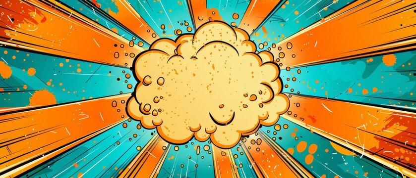 Comic explosion with blank space, superhero theme, birthday card template, vibrant pop art background, dynamic orange and blue rays, retro style