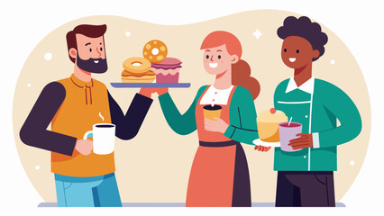 The greeters hand out fresh coffee and donuts inviting attendees to enjoy a warm treat before the service begins.. Vector illustration