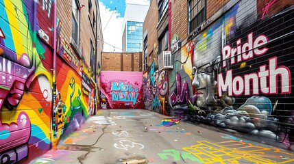 Obraz premium An urban alley transformed with colorful murals and street art, featuring a prominent 